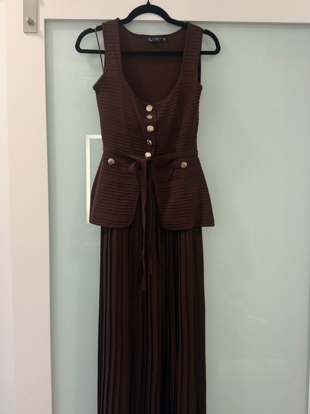 Zara Brown Pleated Maxi Dress with Gold Buttons